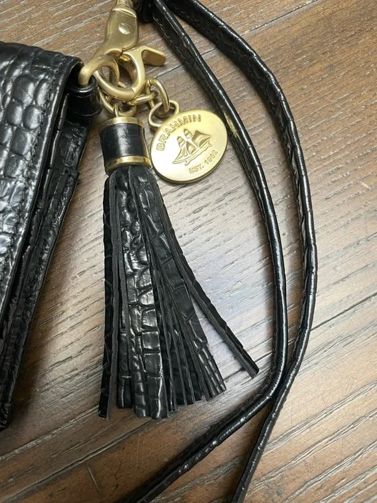 Brahmin Black Croc Embossed Leather Crossbody Wallet Clutch Tassel - Picture 3 of 14